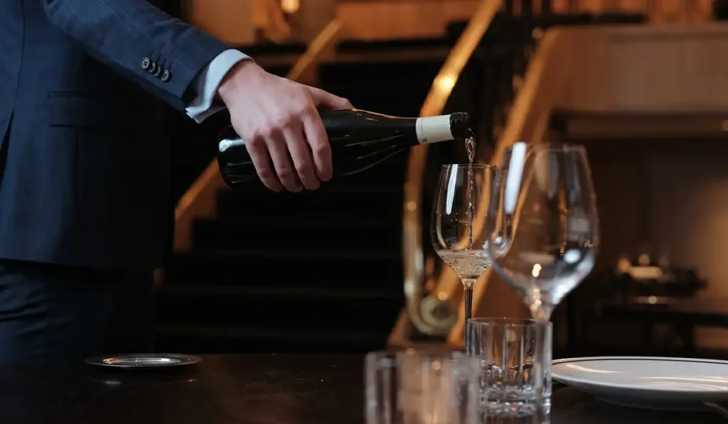 Sommelier sirviendo vino blanco en La Makha de BINN Hotel, escapada romántica en Medellín en mayo.

