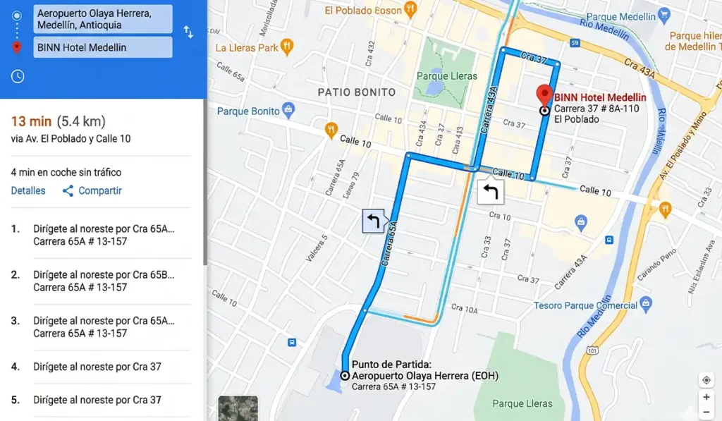 Mapa de ruta desde Aeropuerto Olaya Herrera hasta BINN Hotel en El Poblado, Medellín, 13 minutos en auto.