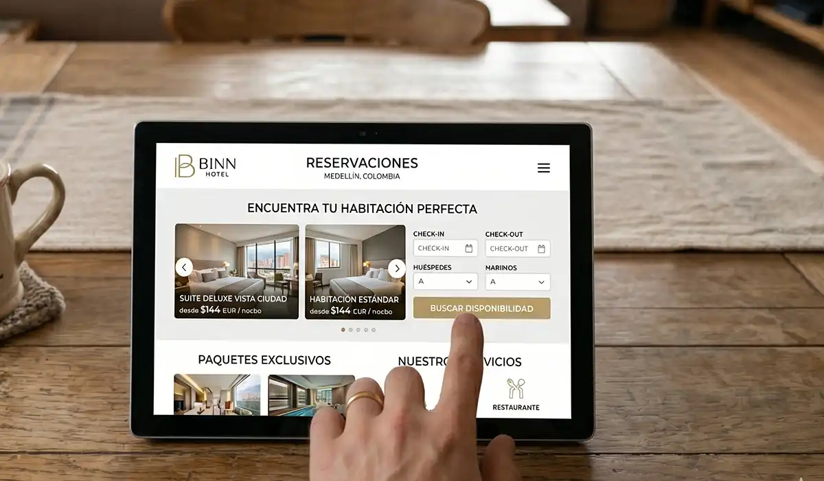 Motor de reservas de BINN Hotel en tablet con paquetes exclusivos y suites disponibles en mayo, Medellín.