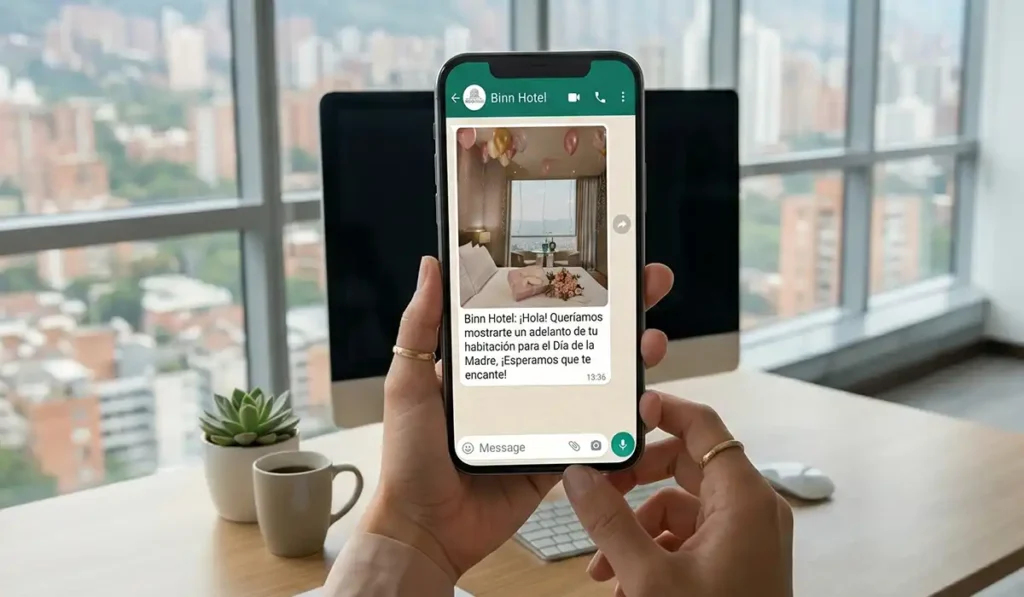 Mensaje de WhatsApp de BINN Hotel con adelanto de habitación decorada para el Día de las Madres en Medellín.