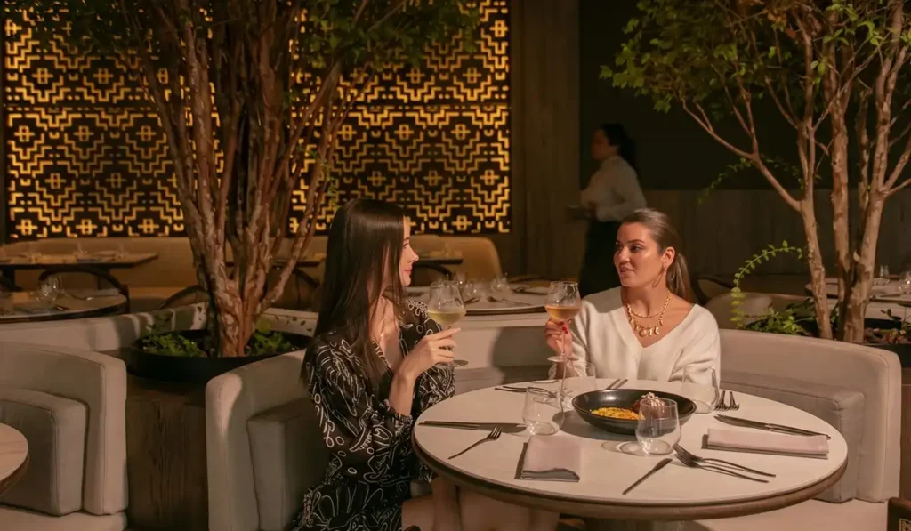 Dos mujeres brindando con vino en La Makha, bistró de BINN Hotel, plan madre e hija en Medellín.

