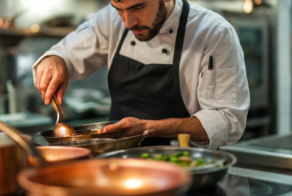 Chef de cocina creativa en el restaurante La Makha preparando menú de autor con ingredientes frescos.