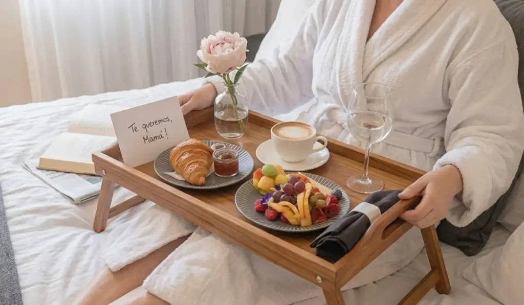Bandeja de desayuno en la cama con croissant, frutas y tarjeta de "Te queremos Mamá" en Binn Hotel Medellín.