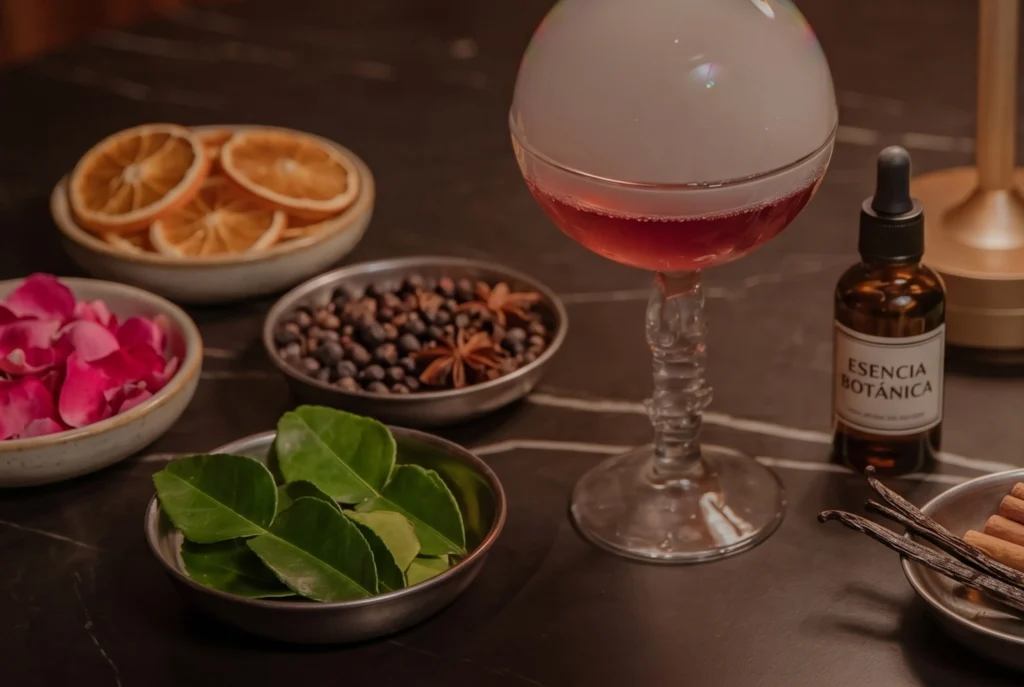 Cóctel de autor con esencia botánica, pétalos de rosa, anís y especias en ETRO Rooftop de BINN Hotel Medellín.
