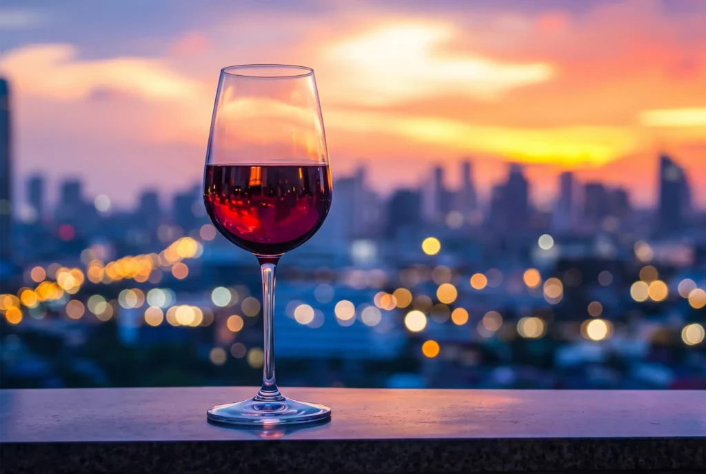 Copa de vino tinto al atardecer en ETRO Rooftop de BINN Hotel, cita de mayo con vista a Medellín.