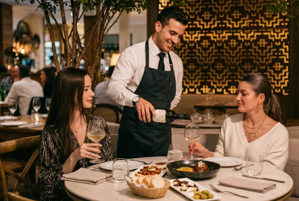 Mesero sirviendo vino blanco a dos mujeres en un restaurante de fine dining Medellín con ambiente elegante y moderno.
