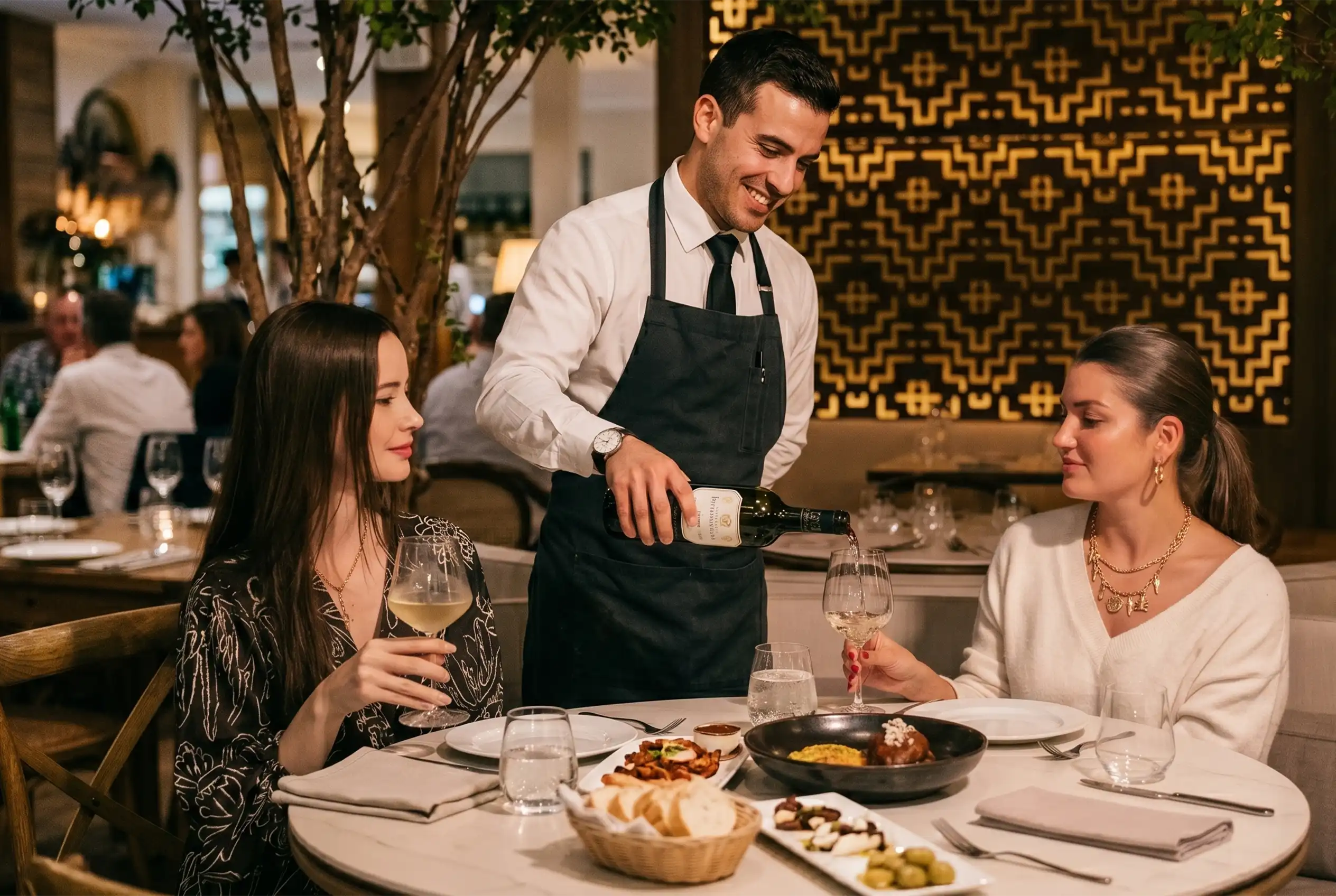 Mesero sirviendo vino blanco a dos mujeres en un restaurante de fine dining Medellín con ambiente elegante y moderno.