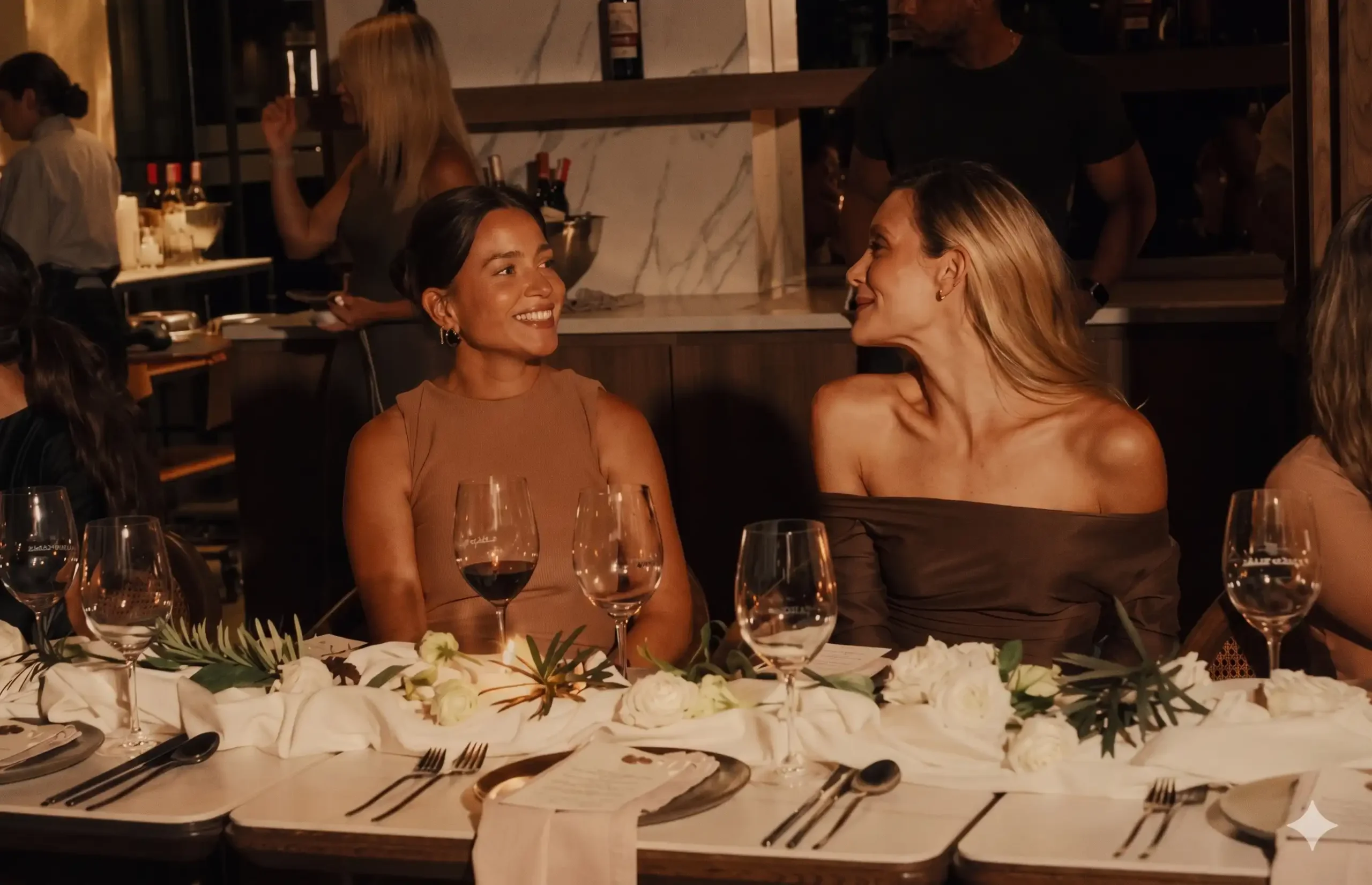 Hija y madre disfrutando experiencias para mamá; cena gourmet con copas de vino tinto en restaurante La Makha.