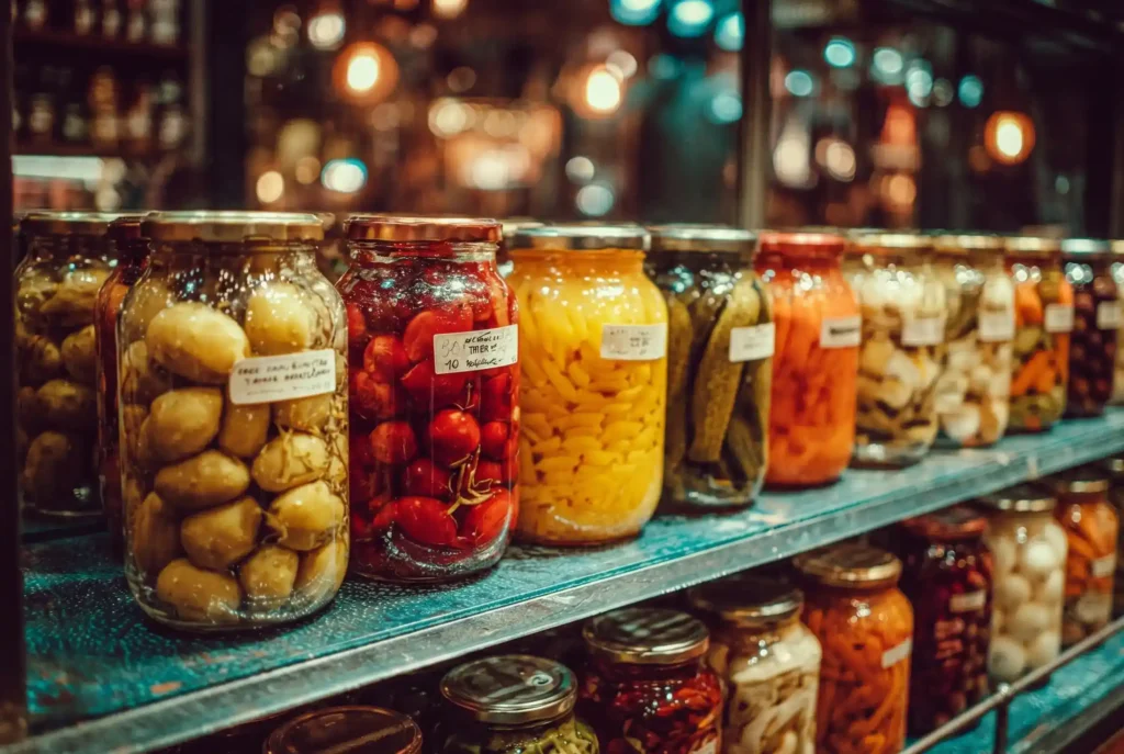 Estantería con frascos de conservas y vegetales fermentados, un pilar de la cocina moderna Medellín en La Makha.