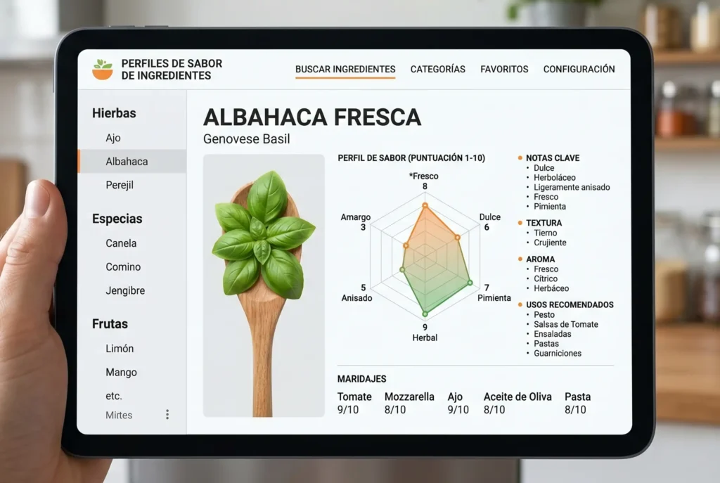 Tablet con app de perfiles de sabor para albahaca fresca, mostrando la innovación tecnológica en gastronomía aplicada.