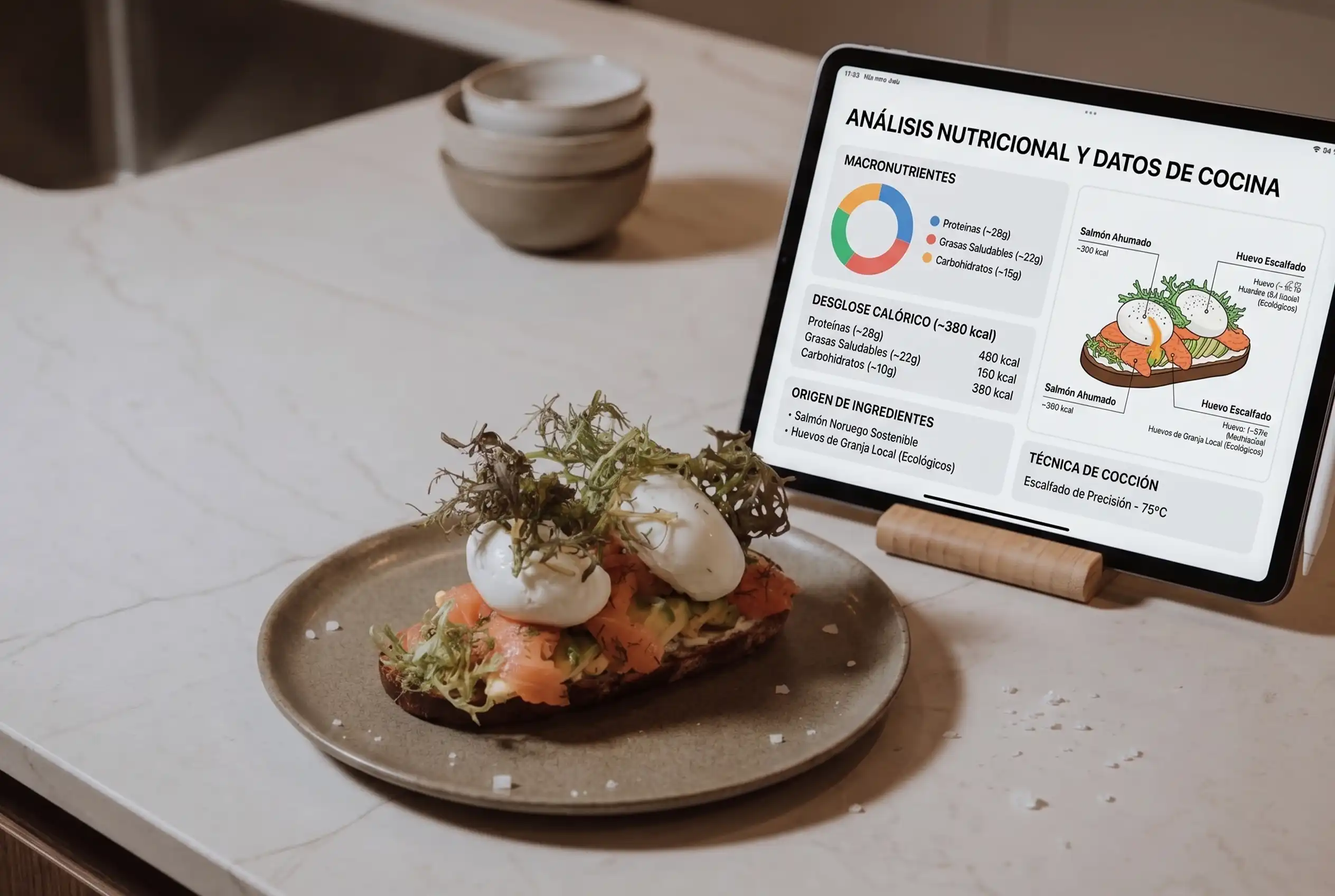 Tostada de salmón y huevo junto a tablet con análisis nutricional por IA, mostrando el impacto de la IA en gastronomía.