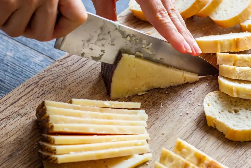 Persona cortando cuña de queso maduro sobre tabla de madera con rebanadas de pan francés para degustación.