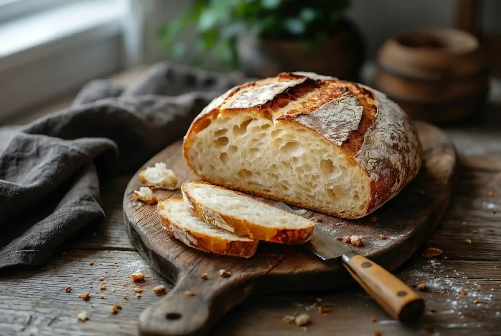 Pan de masa madre en Medellín de corteza crujiente y miga alveolada sobre tabla de madera rústica.