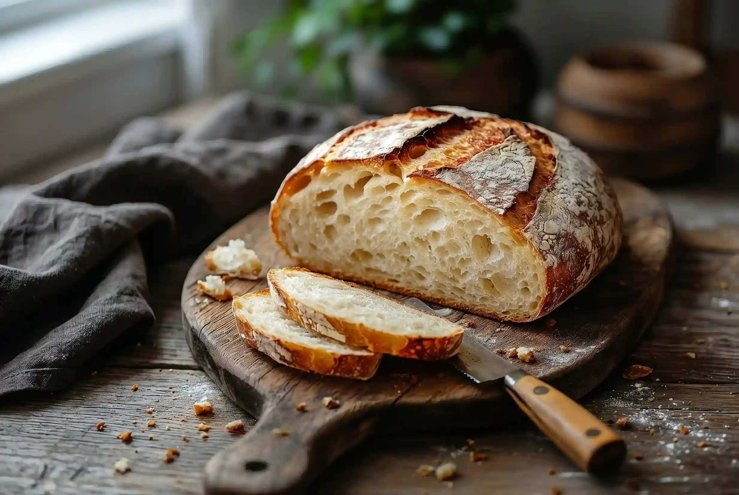 Pan de masa madre en Medellín de corteza crujiente y miga alveolada sobre tabla de madera rústica.