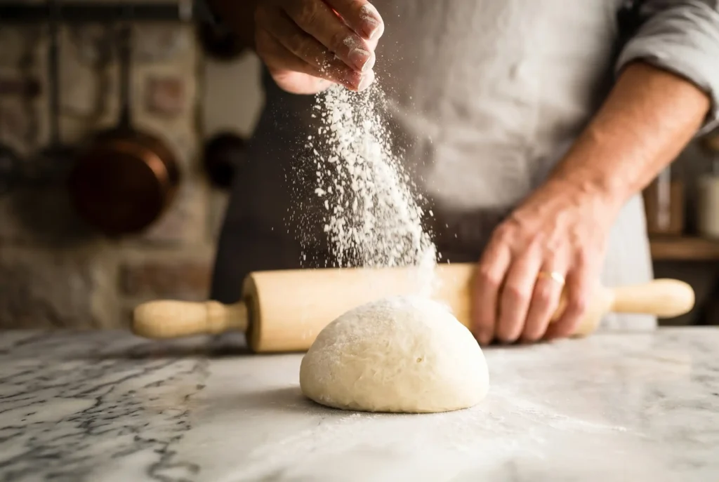 Panadero espolvoreando harina sobre masa fresca, ideal para aprender en clases de panadería artesanal en Medellín.