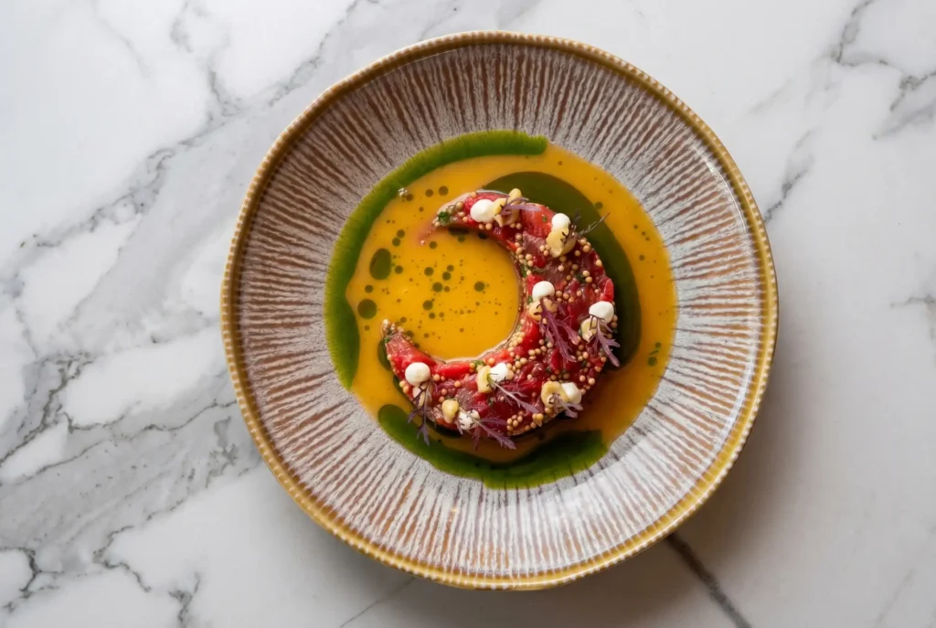 Plato de crudo de pescado en forma de media luna con aceites de colores, parte de la gastronomía colombiana de vanguardia.