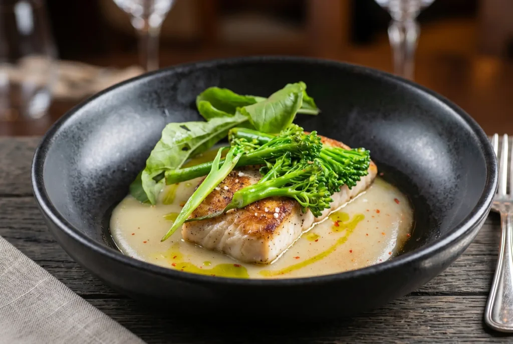 Filete de pescado sellado con brócoli sobre crema sedosa en plato negro, ejemplo de gastronomía colombiana de autor.