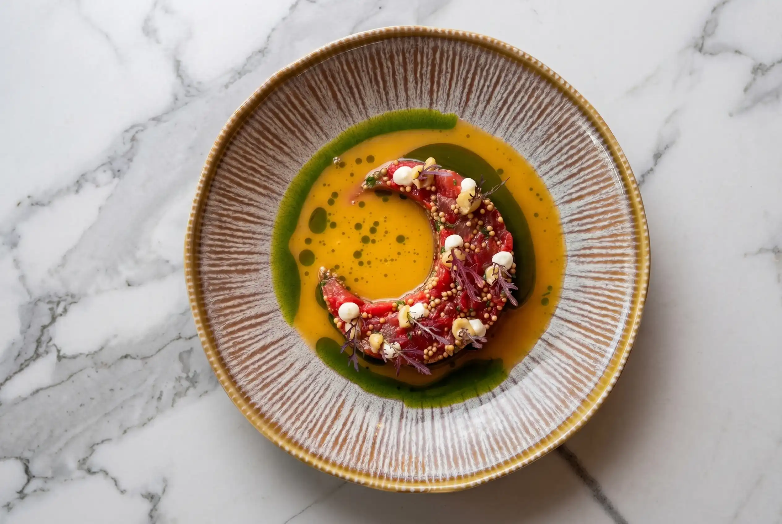Plato de crudo de pescado en forma de media luna con aceites de colores, parte de la gastronomía colombiana de vanguardia.