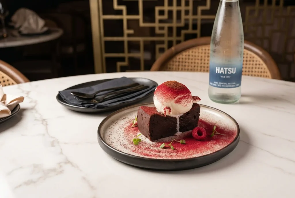 Postre gourmet para maridaje: bizcocho de chocolate artesanal y agua Hatsu en el restaurante La Makha.