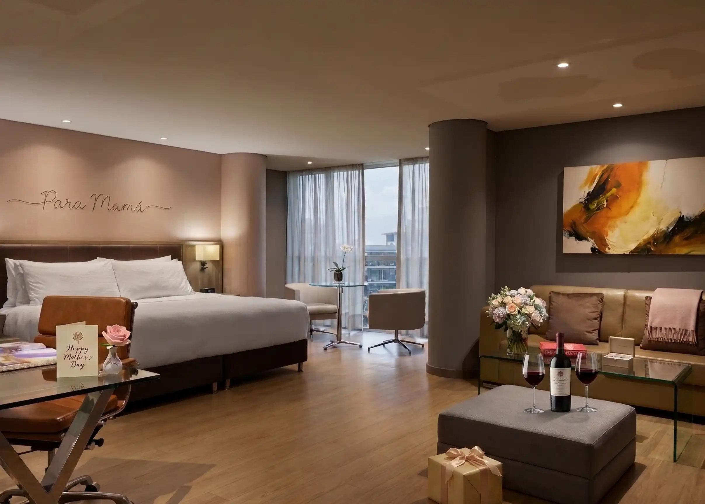 Paquete de alojamiento Día de la Madre en Binn Hotel Medellín: suite de lujo decorada con flores, vino y regalos para mamá.