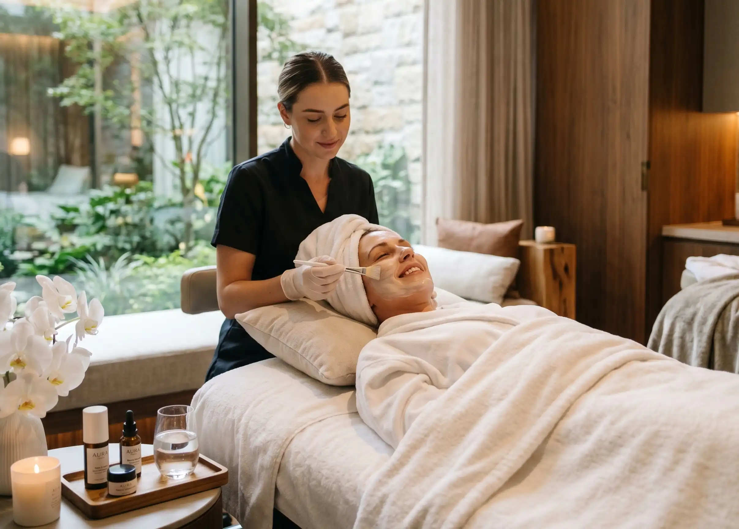 Tratamiento facial para el Día de la Madre en Binn Hotel Medellín: experiencia de spa de lujo con productos orgánicos y vista al jardín.