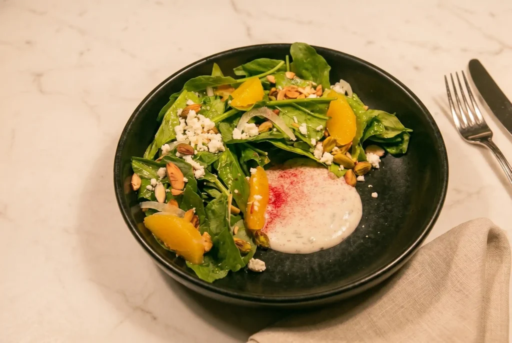 Ensalada orgánica con cítricos y frutos secos, ejemplo de las tendencias gastronómicas 2026 en Medellín.