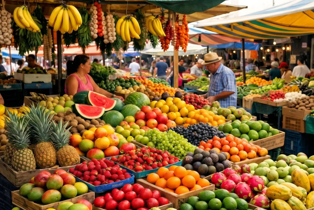 Mercado local con frutas tropicales frescas, base de la gastronomía de Antioquia y sus sabores tradicionales.