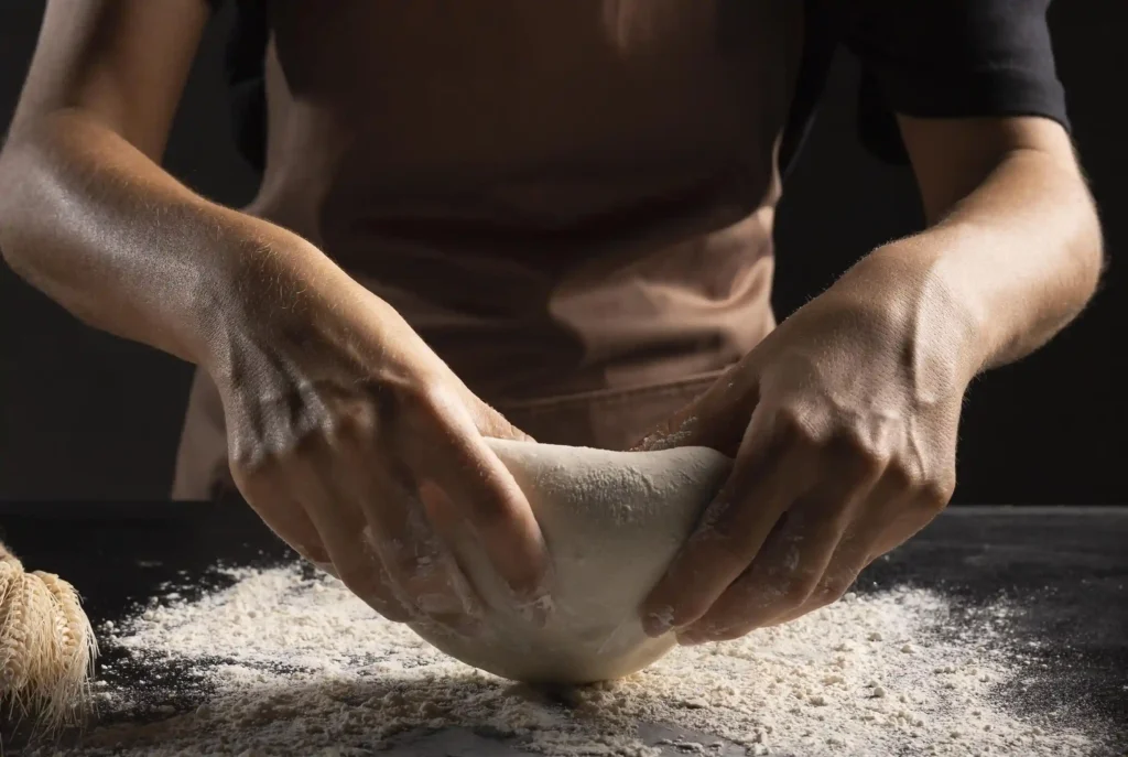 Manos amasando masa madre con harina de trigos ancestrales en La Makha, Medellín