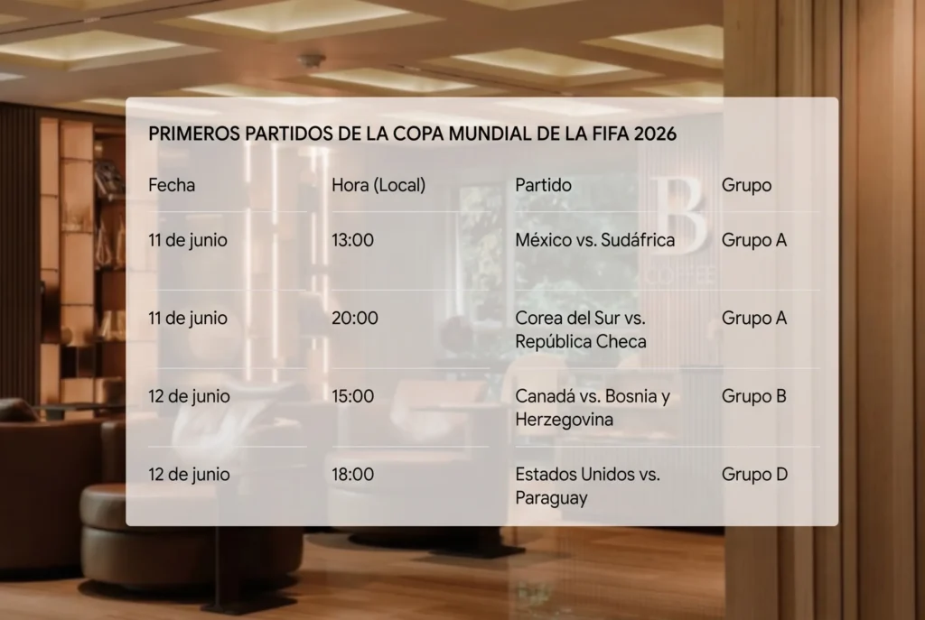 Schedule table of first FIFA World Cup 2026 matches in June with local Colombia time zone.