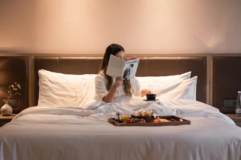 Persona leyendo en cama de BINN Hotel con bandeja de desayuno y ropa de cama blanca.