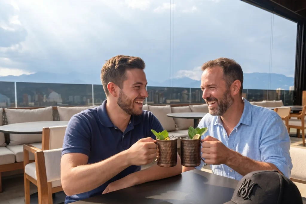 Dos personas brindando con cocteles en la terraza de Etro Bar con vista a Medellín y las montañas