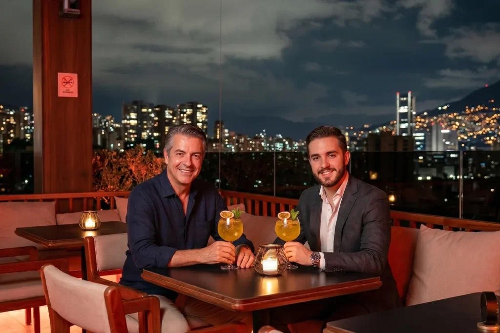 Two guests with cocktails at Etro Rooftop terrace in BINN Hotel overlooking Medellín at night