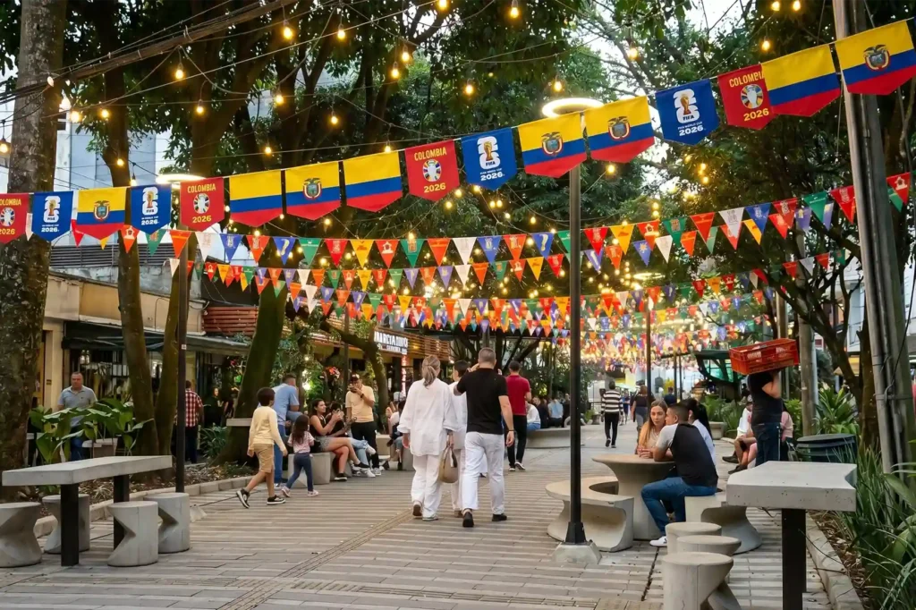 Zona peatonal de Medellin decorada con banderas de Colombia y banderines FIFA Copa Mundo 2026