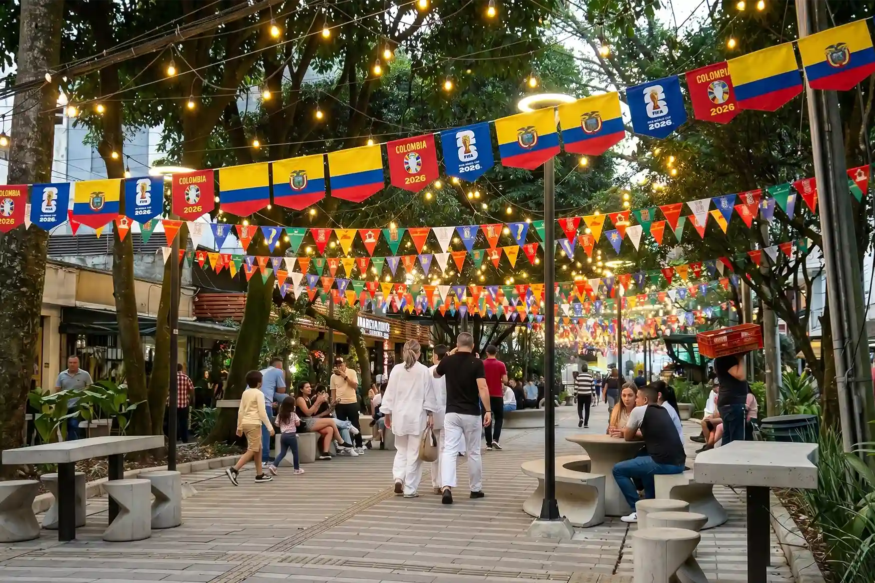 Zona peatonal de Medellin decorada con banderas de Colombia y banderines FIFA Copa Mundo 2026