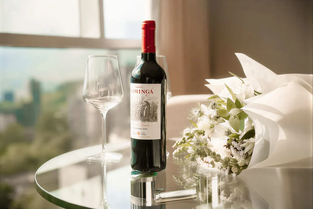 Botella de vino, copa y ramo de flores sobre mesa de vidrio en habitación con vista.
