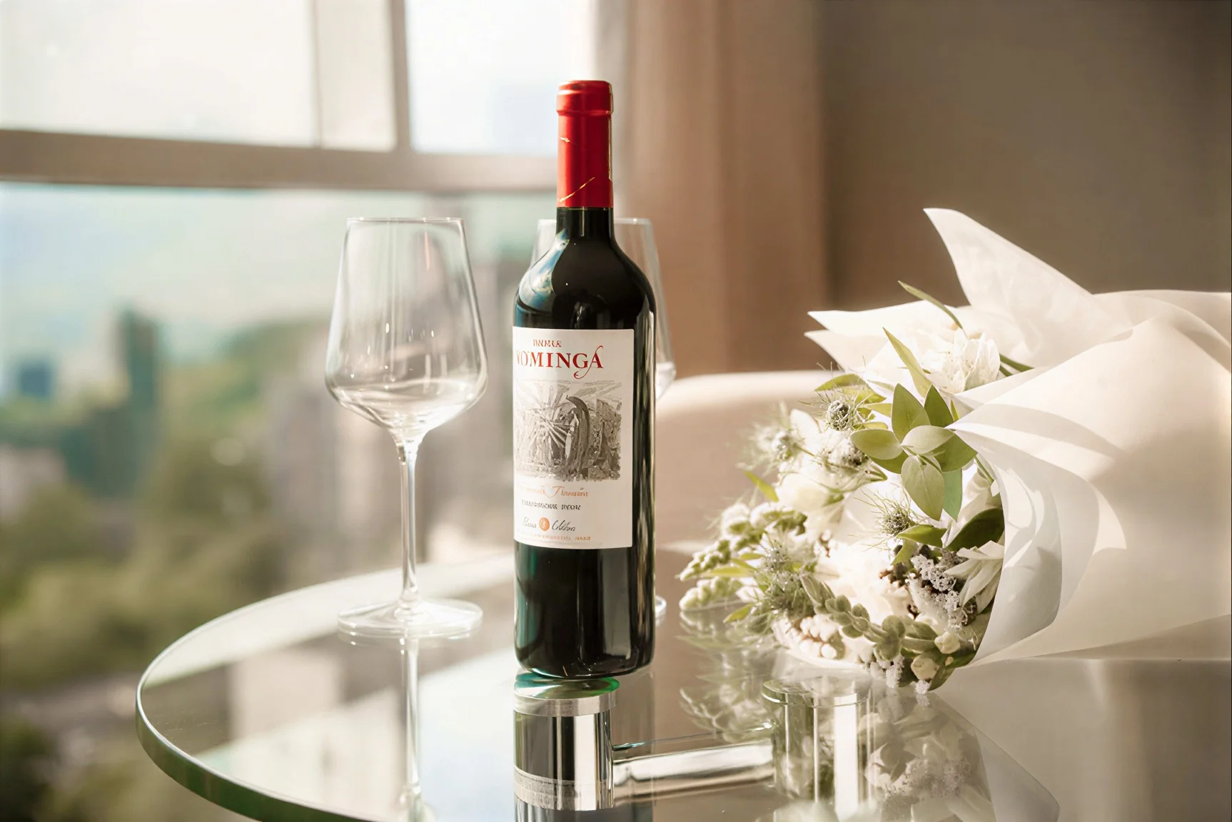 Botella de vino, copa y ramo de flores sobre mesa de vidrio en habitación con vista.