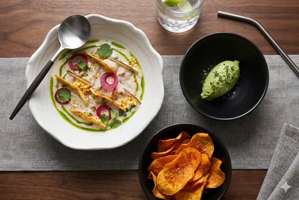 Ceviche con leche de tigre, quenelle de aguacate y chips de batata en La Makha, Medellín