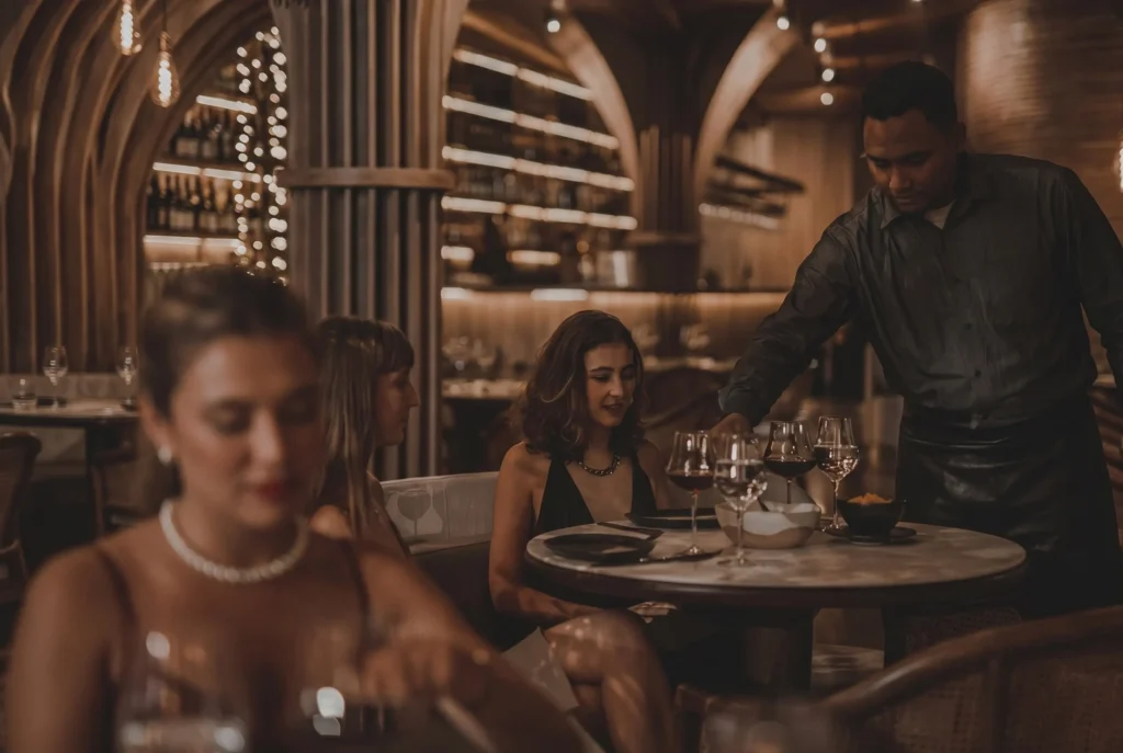 Comensales en cena de lujo con vino tinto en La Makha, destino de gastroturismo en Medellín