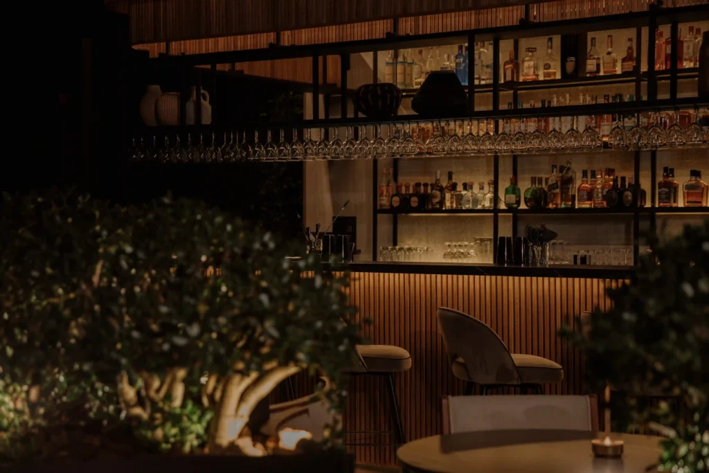 Barra de Etro Rooftop en Binn Hotel con botellero iluminado y vegetación de noche en Medellín.