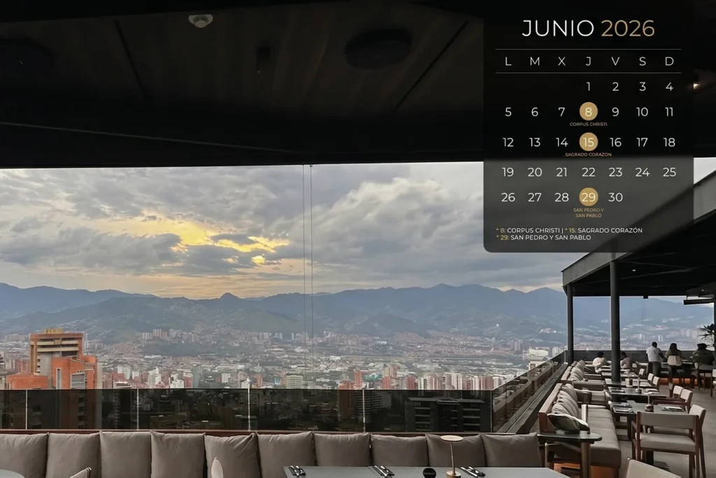 Etro Rooftop view at Binn Hotel with June 2026 holiday calendar overlay over Medellín skyline