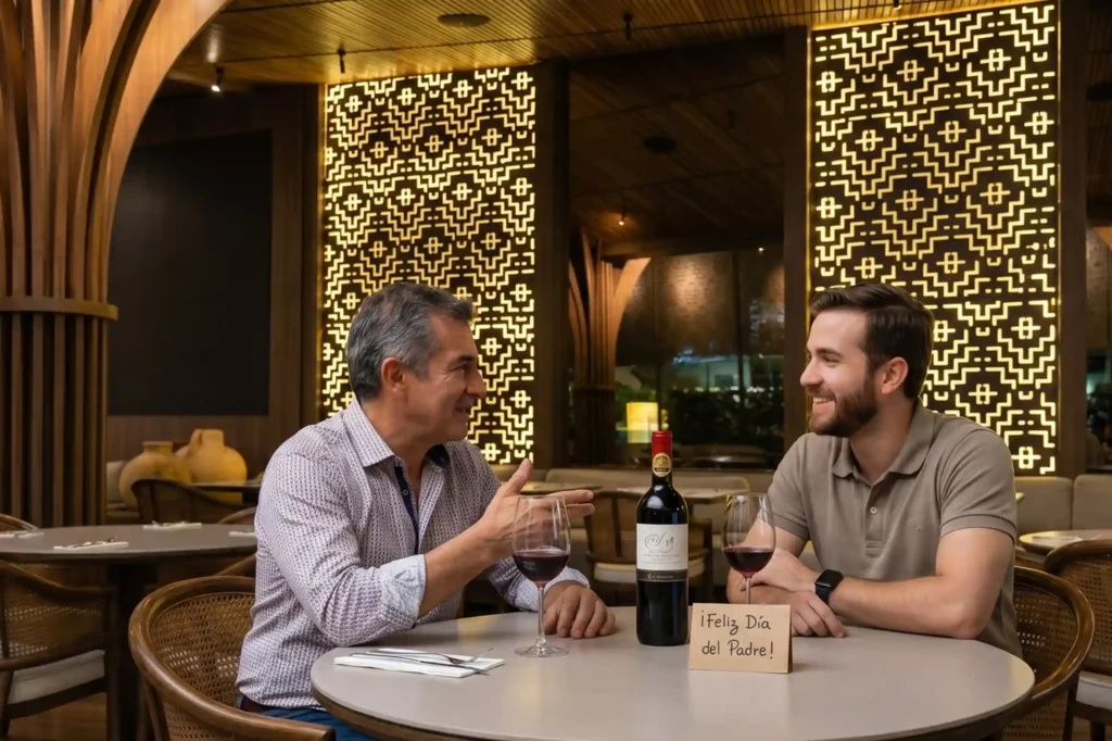Dos personas compartiendo vino tinto en La Makha durante una cena del Día del Padre en Medellín