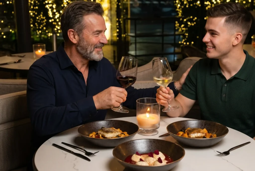 Two guests toasting with wine over a served table at La Makha restaurant in Medellín