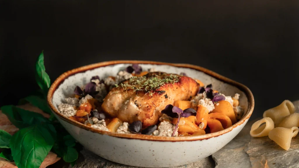 Bowl de pasta con proteína sellada, ricotta y flores moradas del menú del Día del Padre en La Makha
