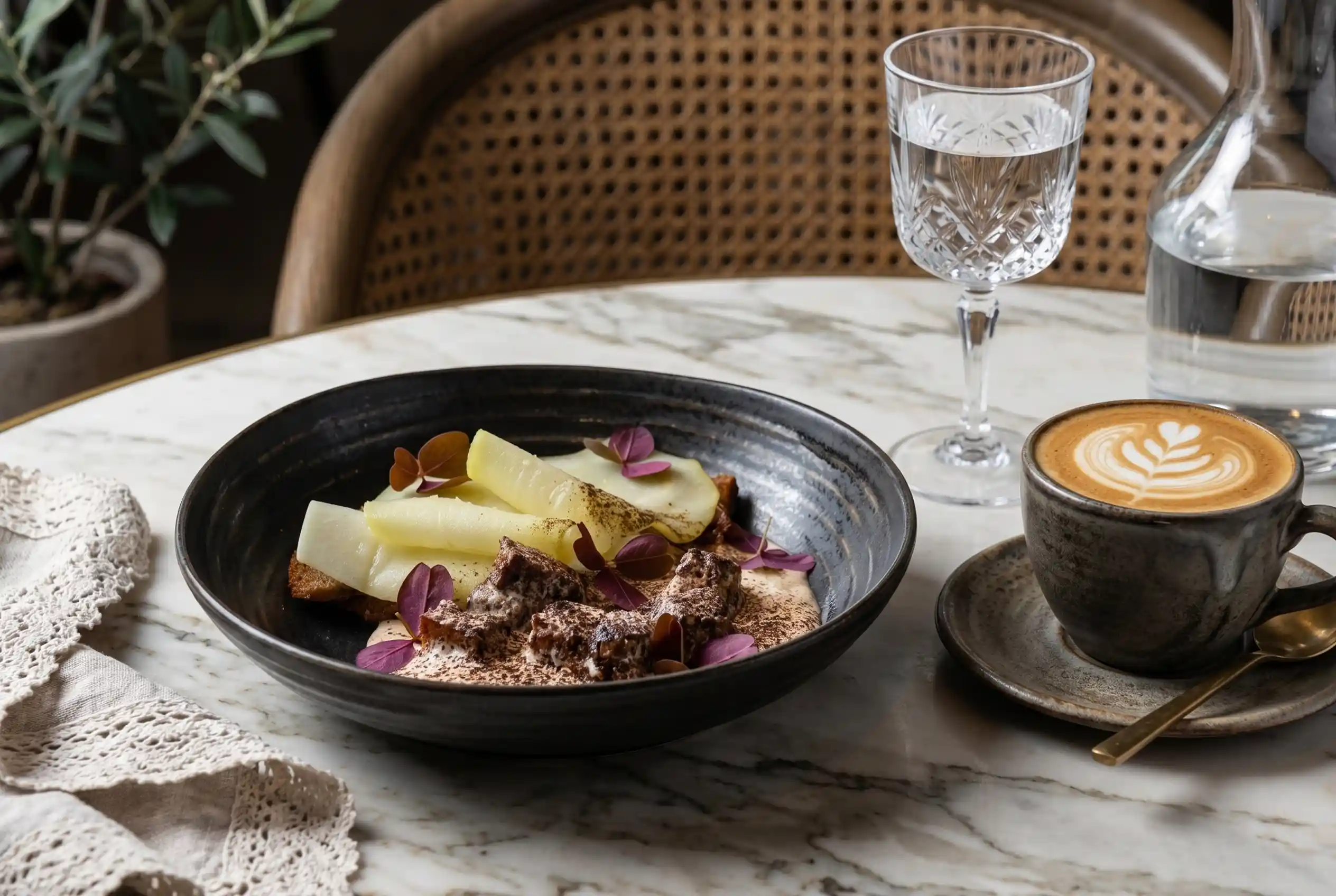 Postre con cacao y flores maridado con café de especialidad en La Makha, Medellín