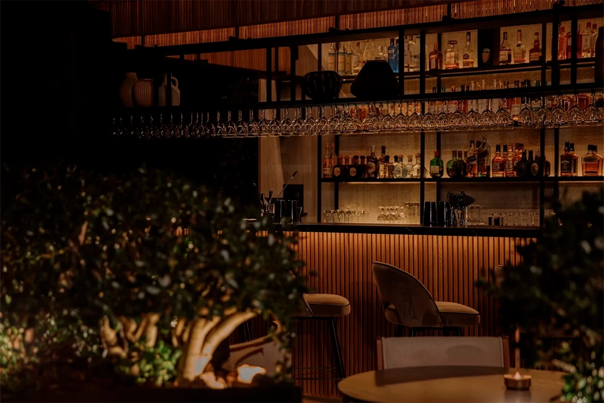 Barra de licores de Etro Rooftop enmarcada por vegetación en un ambiente nocturno íntimo.