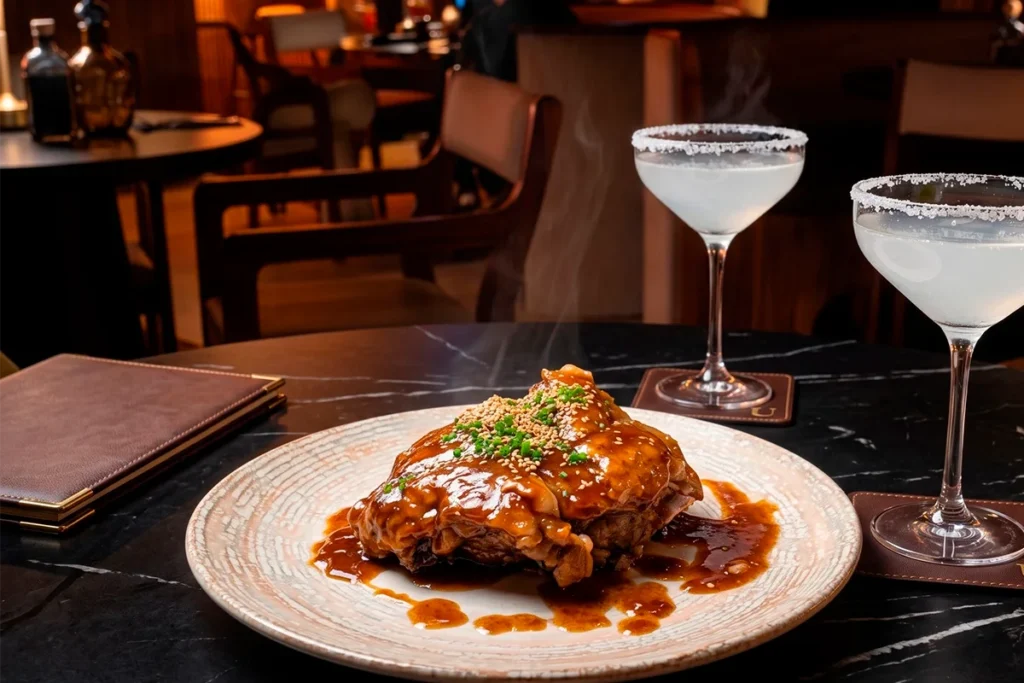 Braised pork ribs in house glace paired with signature cocktails at Etro Rooftop.