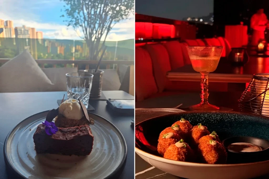 Chocolate cake with Medellin view and signature cocktail with croquettes at Etro Rooftop.