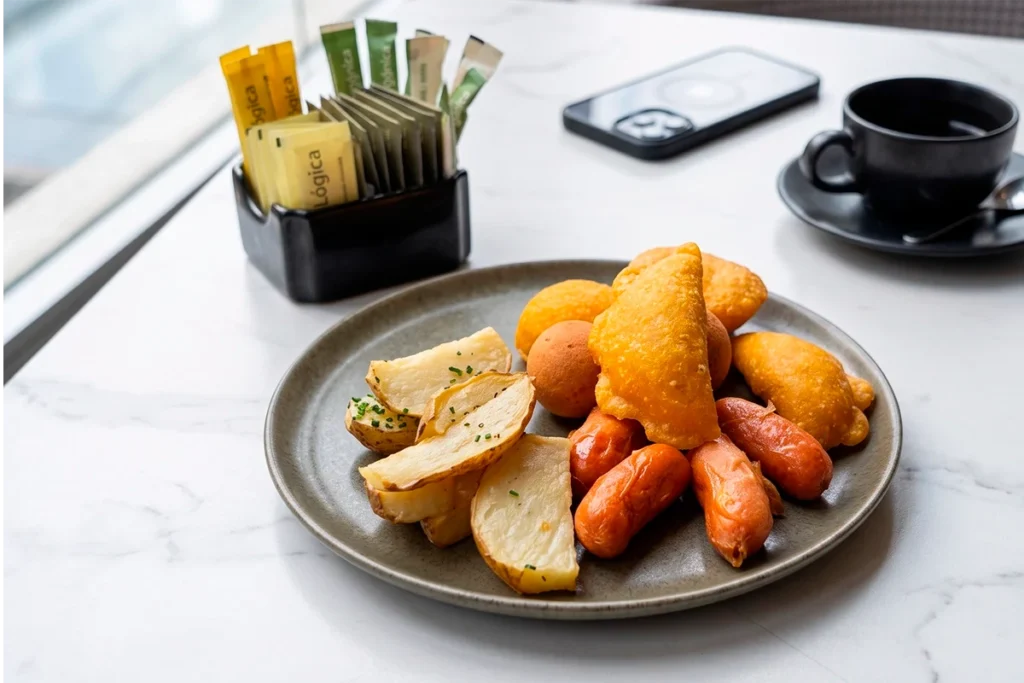 Plato de desayuno de La Makha con empanadas, papas y salchichas