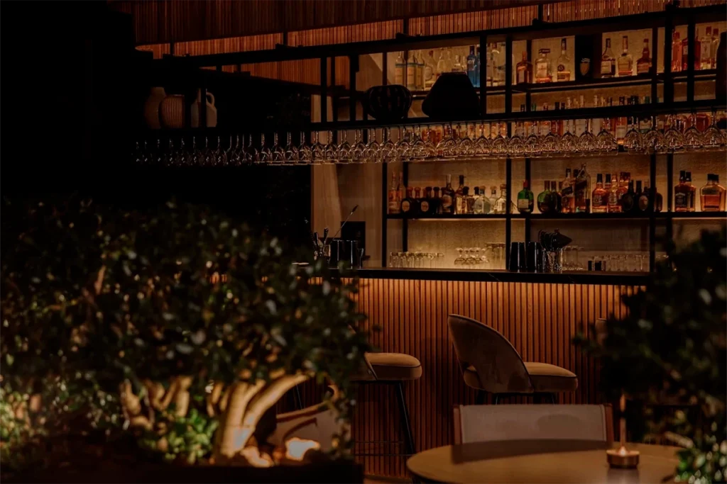 Etro Rooftop's liquor bar framed by greenery in an intimate nighttime setting.