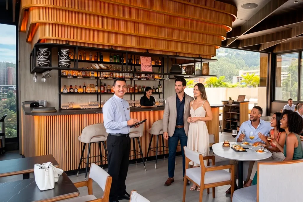 Etro Rooftop host welcoming guests by the bar during a sunny daytime visit.